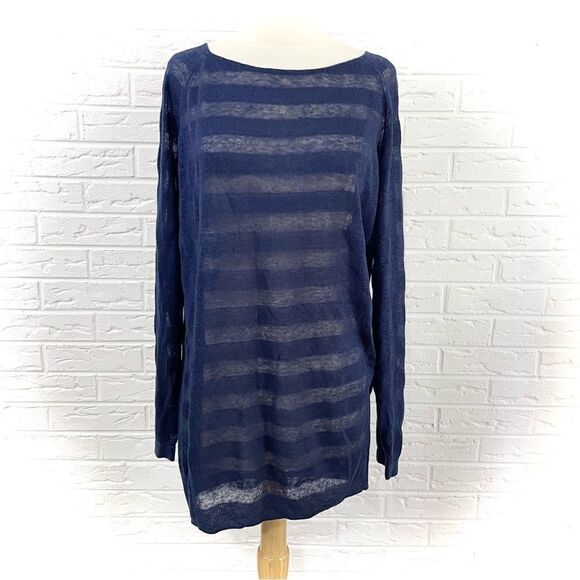 Theory Esti Sag Harbor Long Sleeve Navy Stripe Linen Blend Sweater Size Medium - Picture 1 of 6